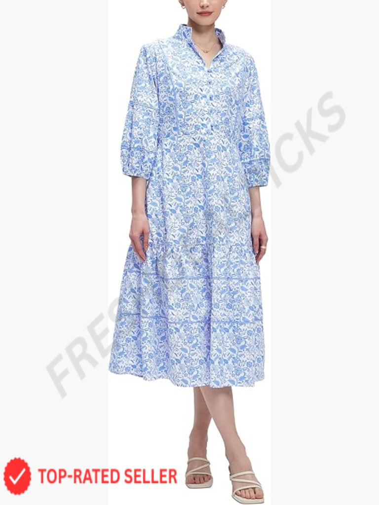 Floral Maxi Dress Elegant Printed Button Down Puff Sleeve Tiered A-Line Flowy